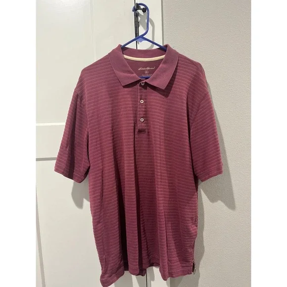 Eddie Bauer Mens XL Polo Shirt Burgundy Maroon Striped Short Sleeve Cotton Blend - Picture 1 of 4